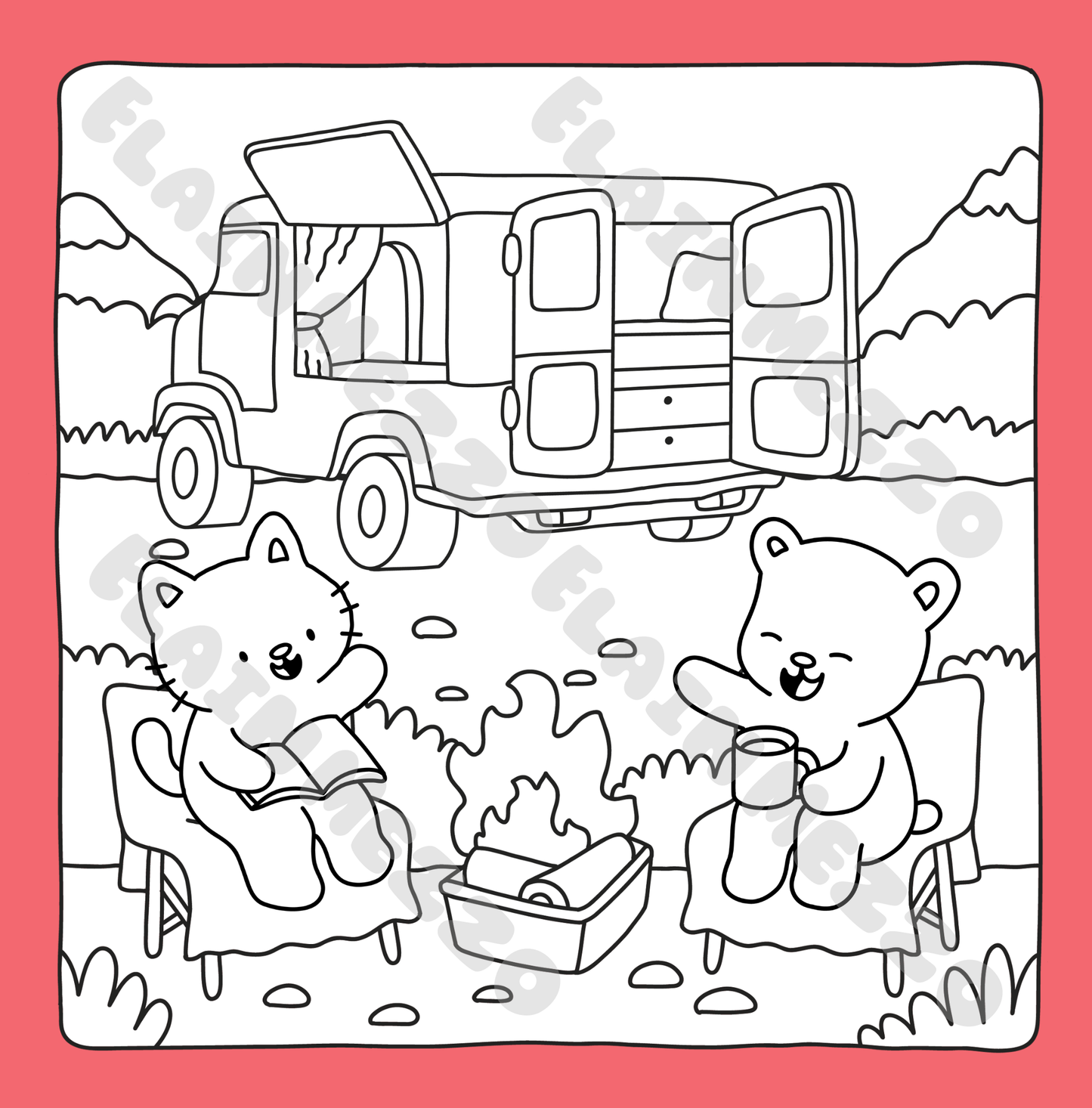 Black and white illustration of a cat and bear by a campfire with a camper van in the background, on a pink border.