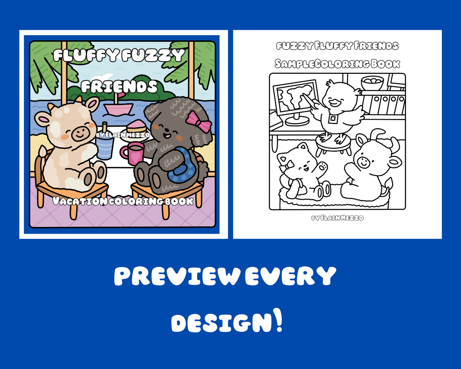 Coloring book for children with cartoon animals and a sample page on a blue background.