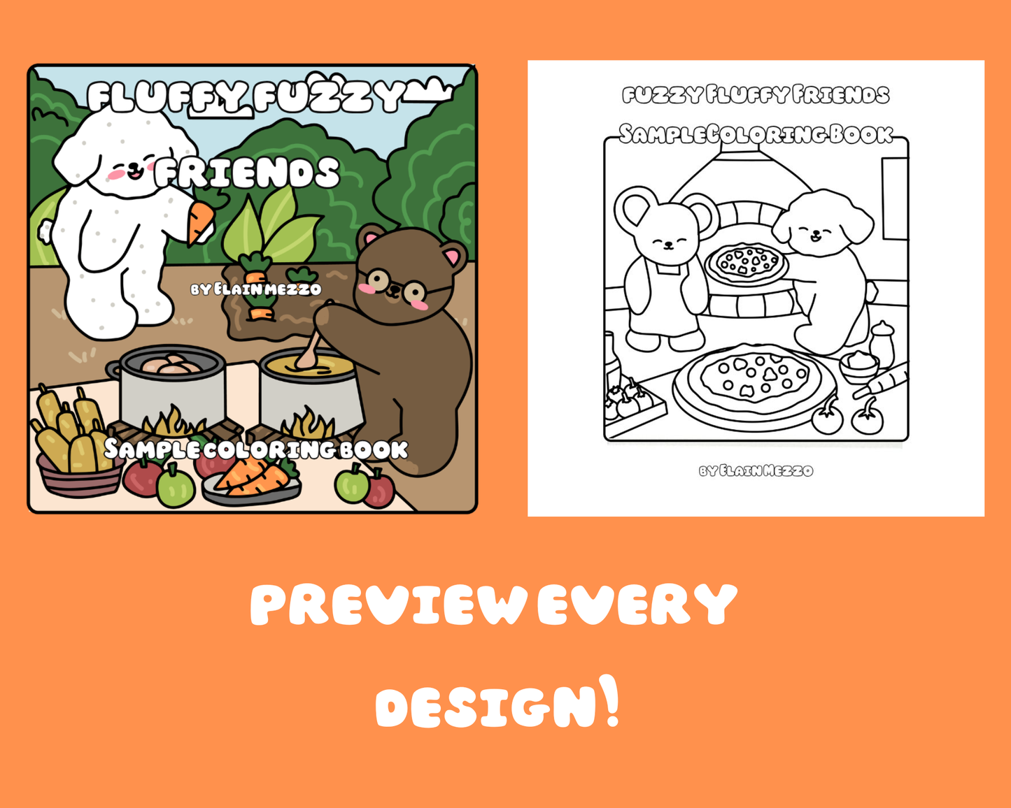 Coloring book preview with cartoon characters and food items on an orange background.