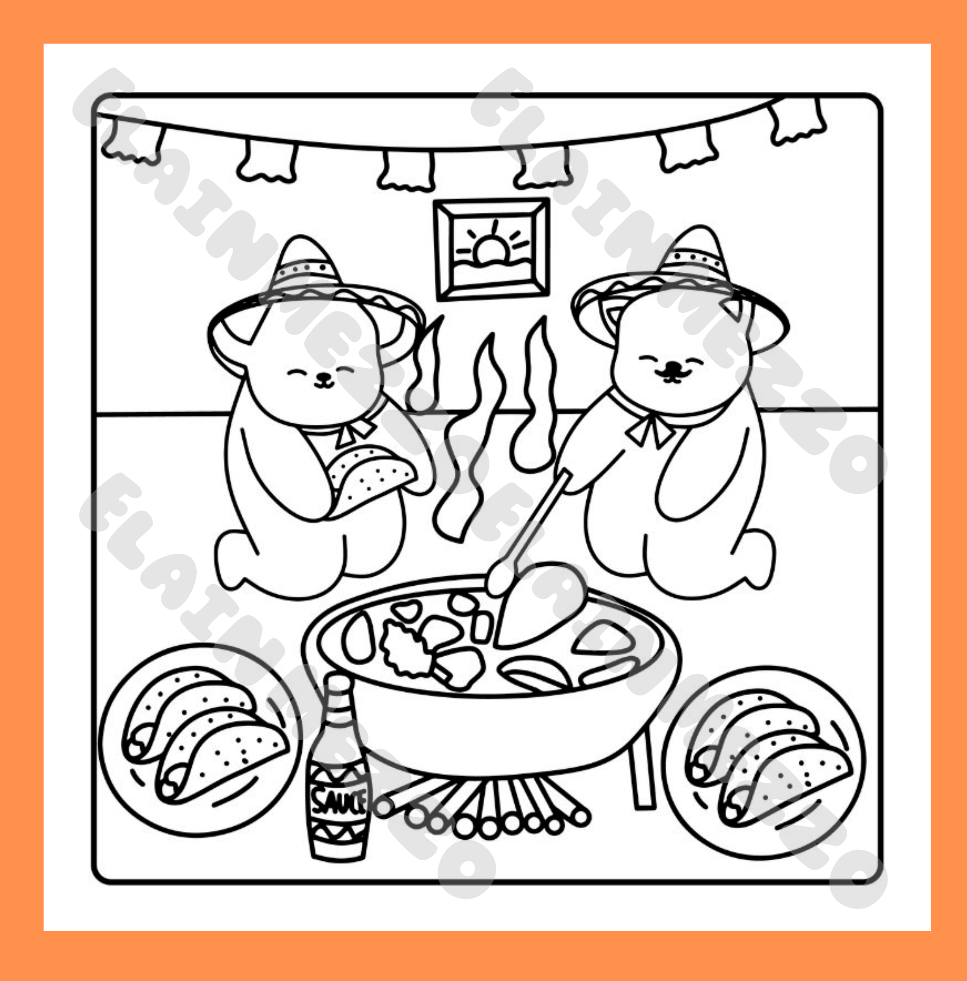 Black and white illustration of two cats in sombreros cooking food, with a bowl, bottles, and plates on an orange background.