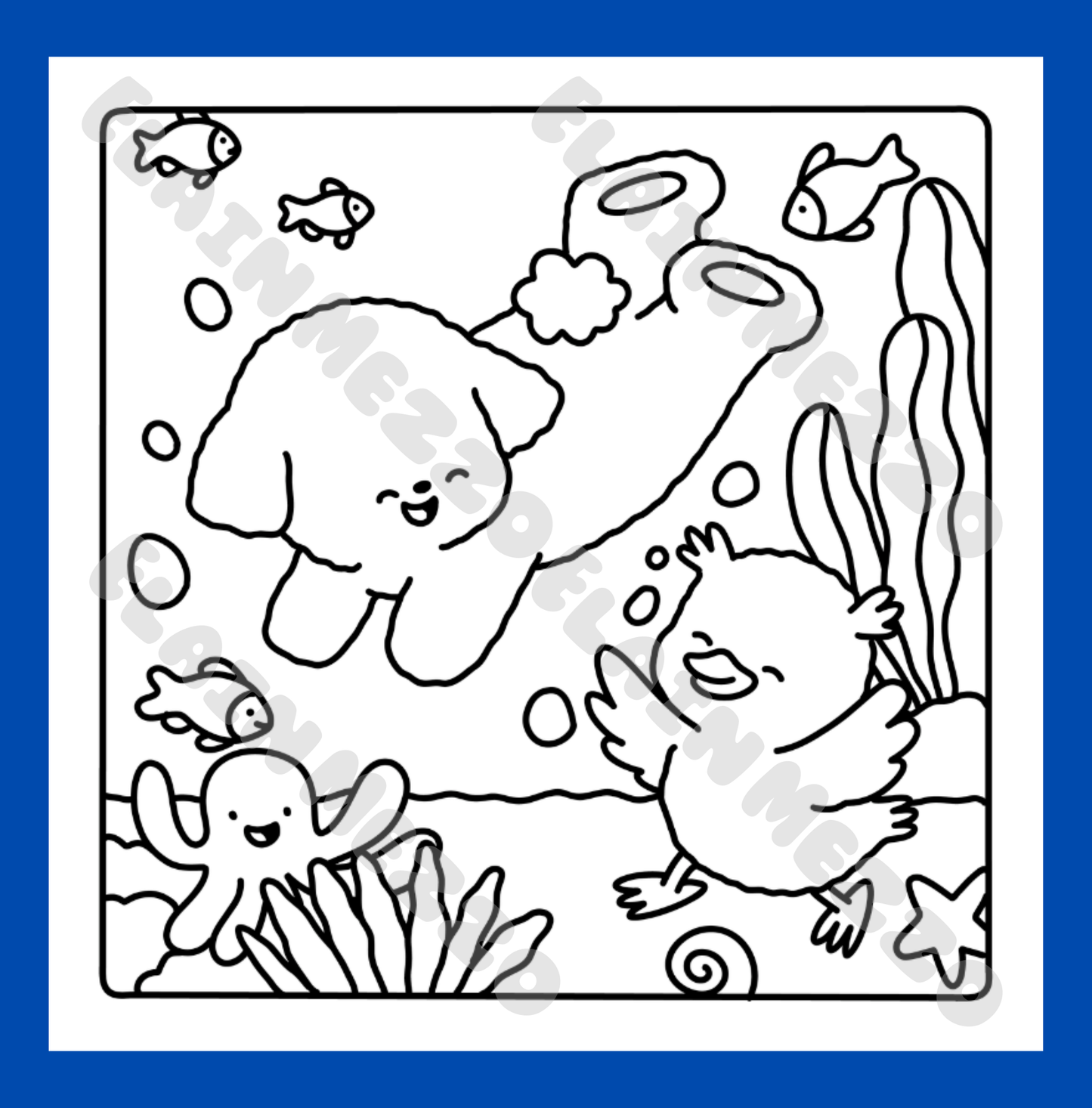 Black and white illustration of sea creatures on a blue background