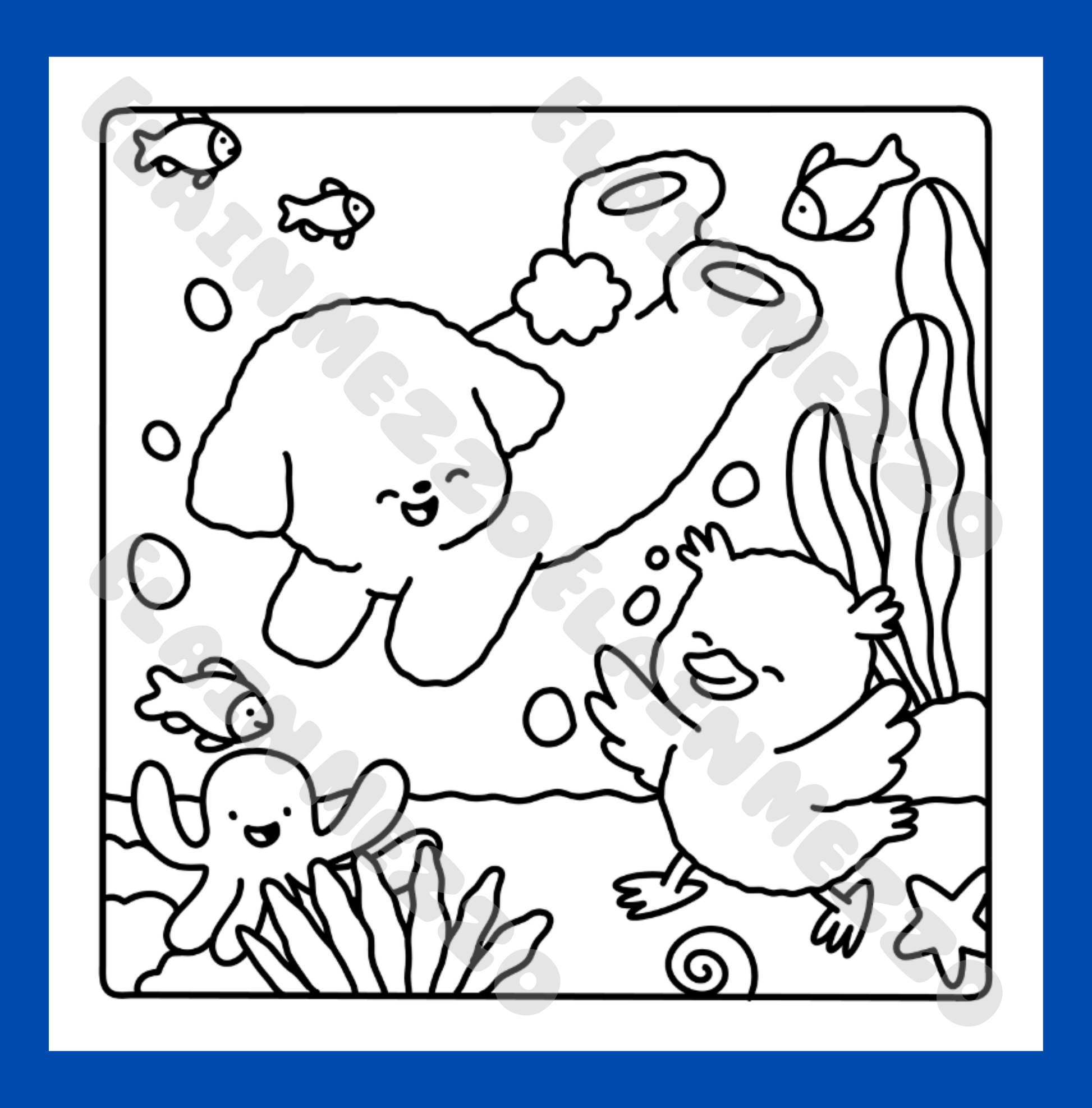 Black and white illustration of sea creatures on a blue background