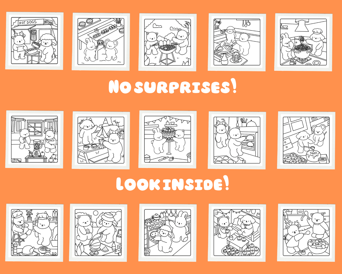 Coloring book pages with cartoon animals and text on an orange background
