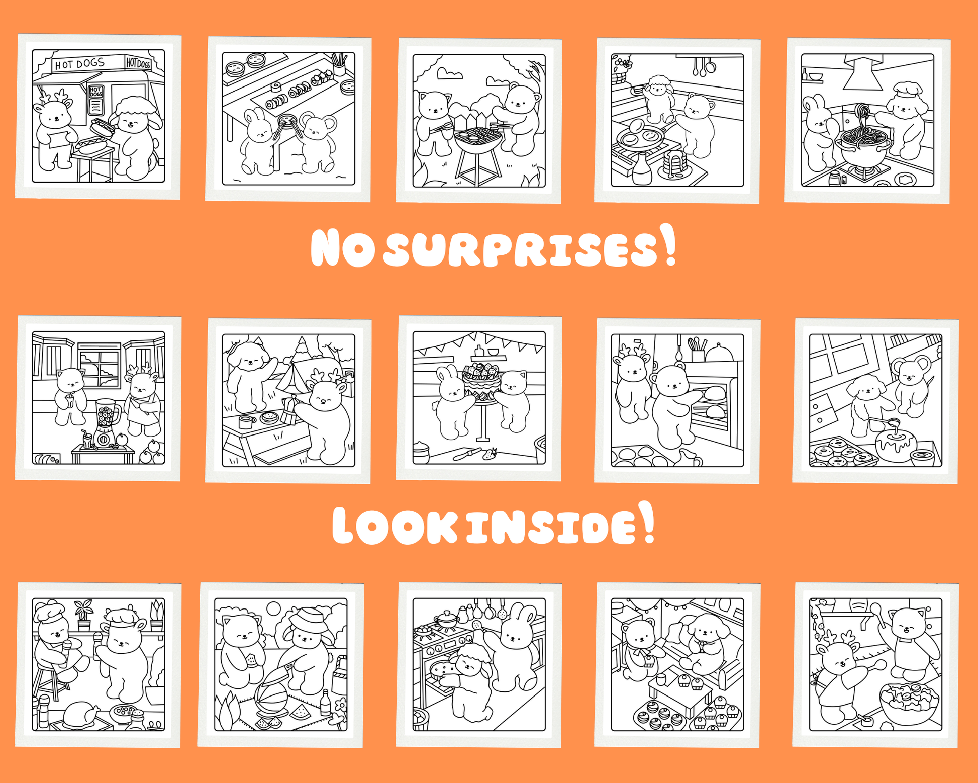 Coloring book pages with cartoon animals and text on an orange background