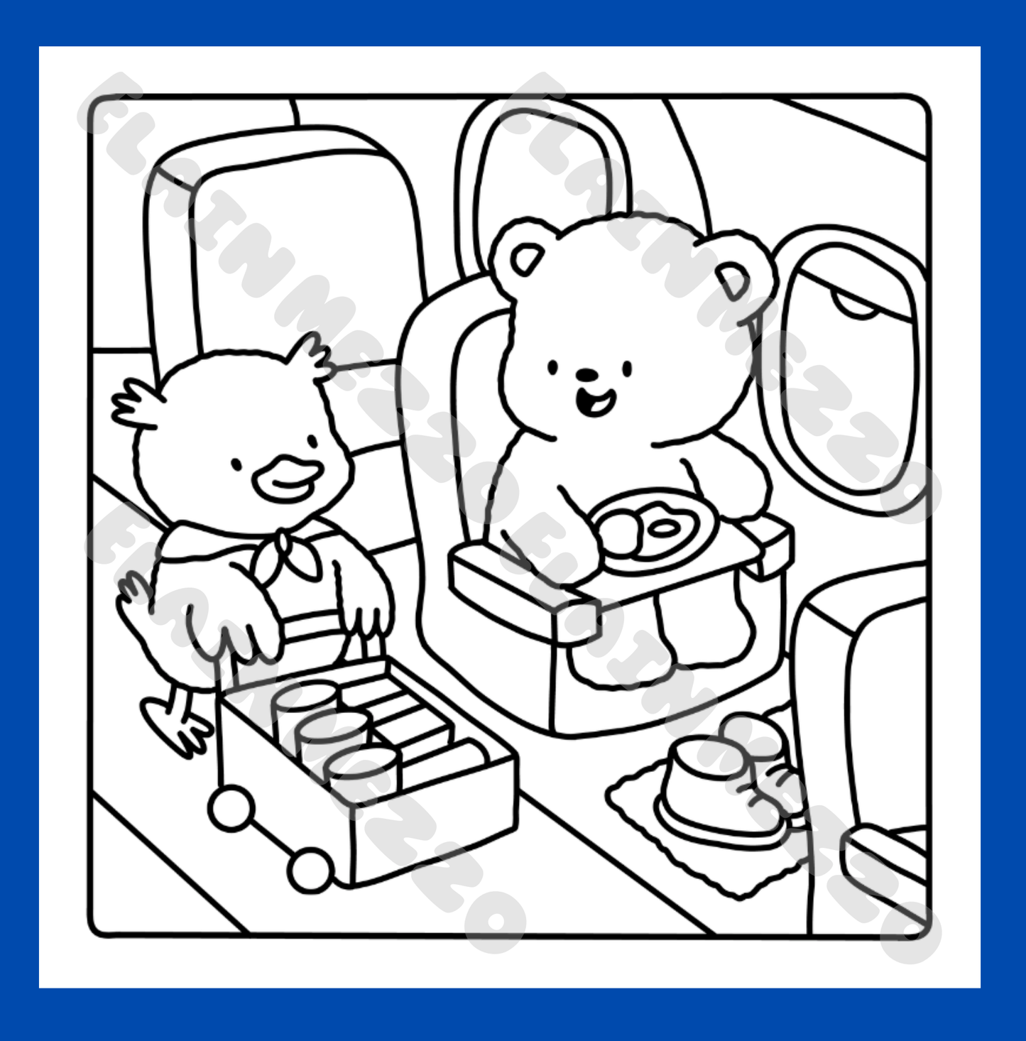 Black and white illustration of a bear in a plane seat and a bird rolling a trolly down the aisle.