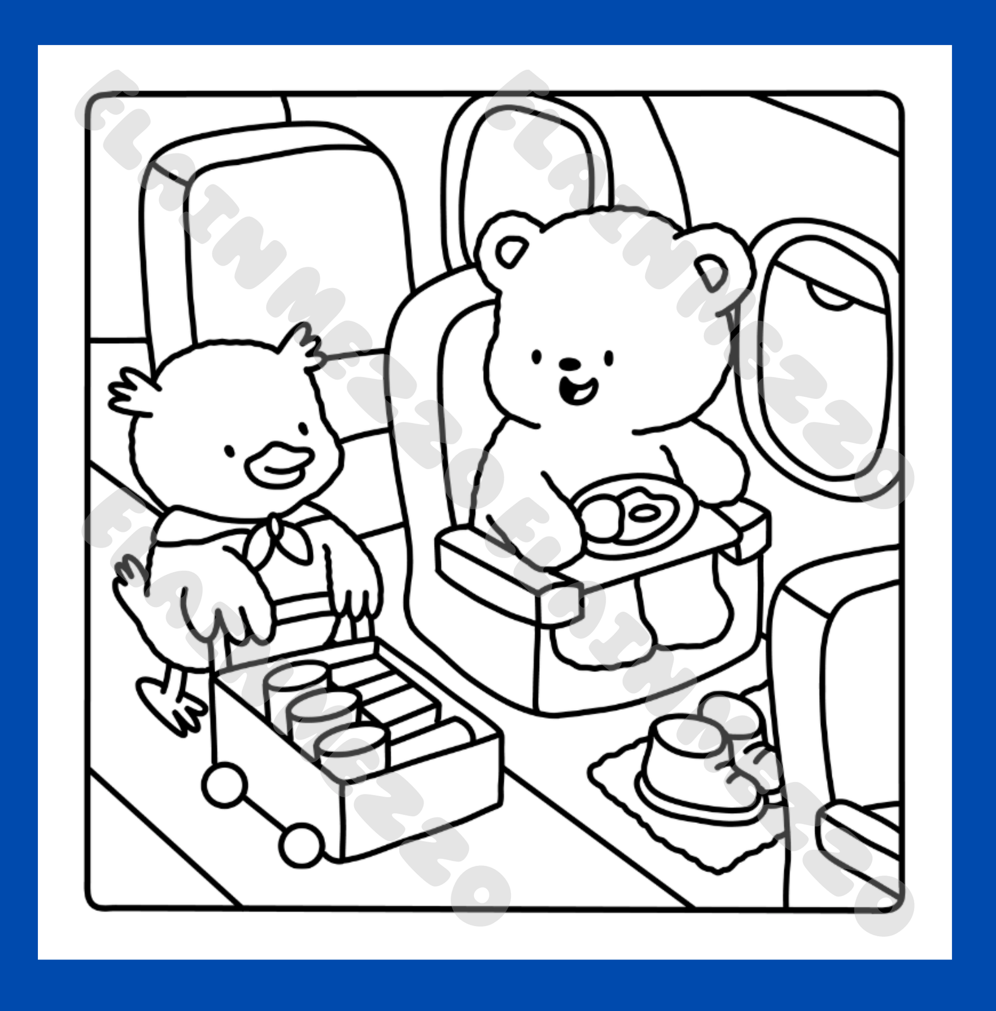 Black and white illustration of a bear in a plane seat and a bird rolling a trolly down the aisle.