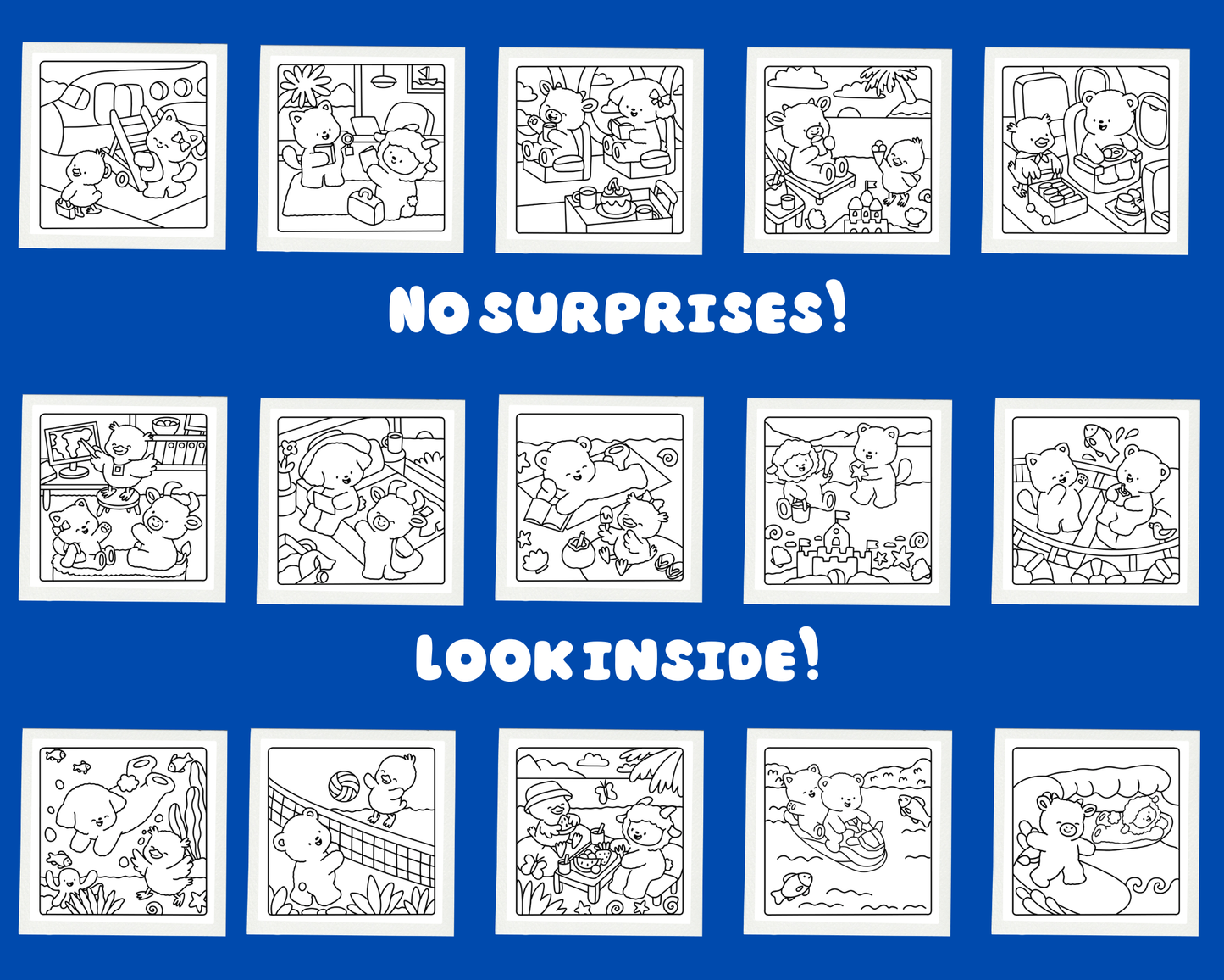 Coloring book pages with various scenes on a blue background