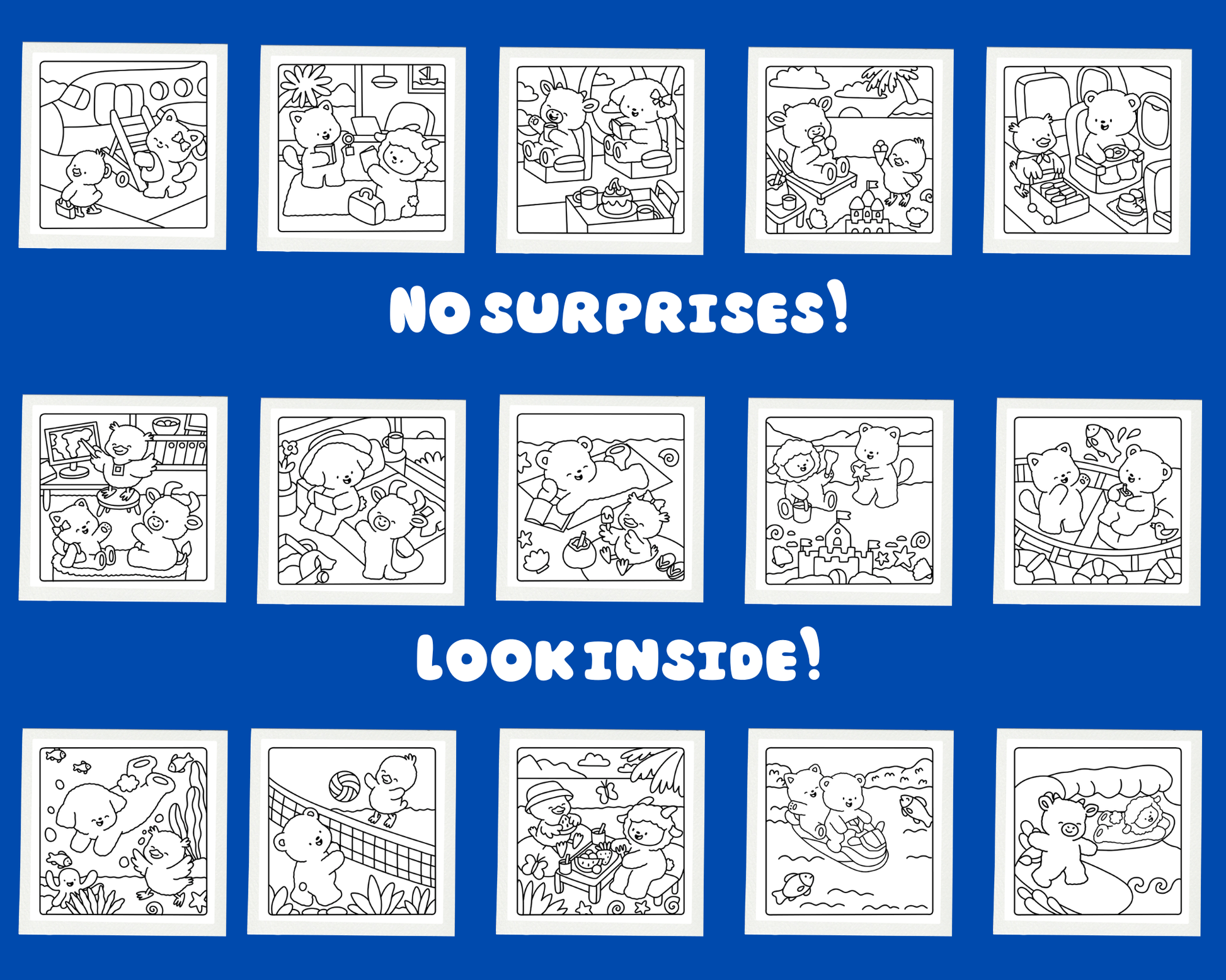 Coloring book pages with various scenes on a blue background