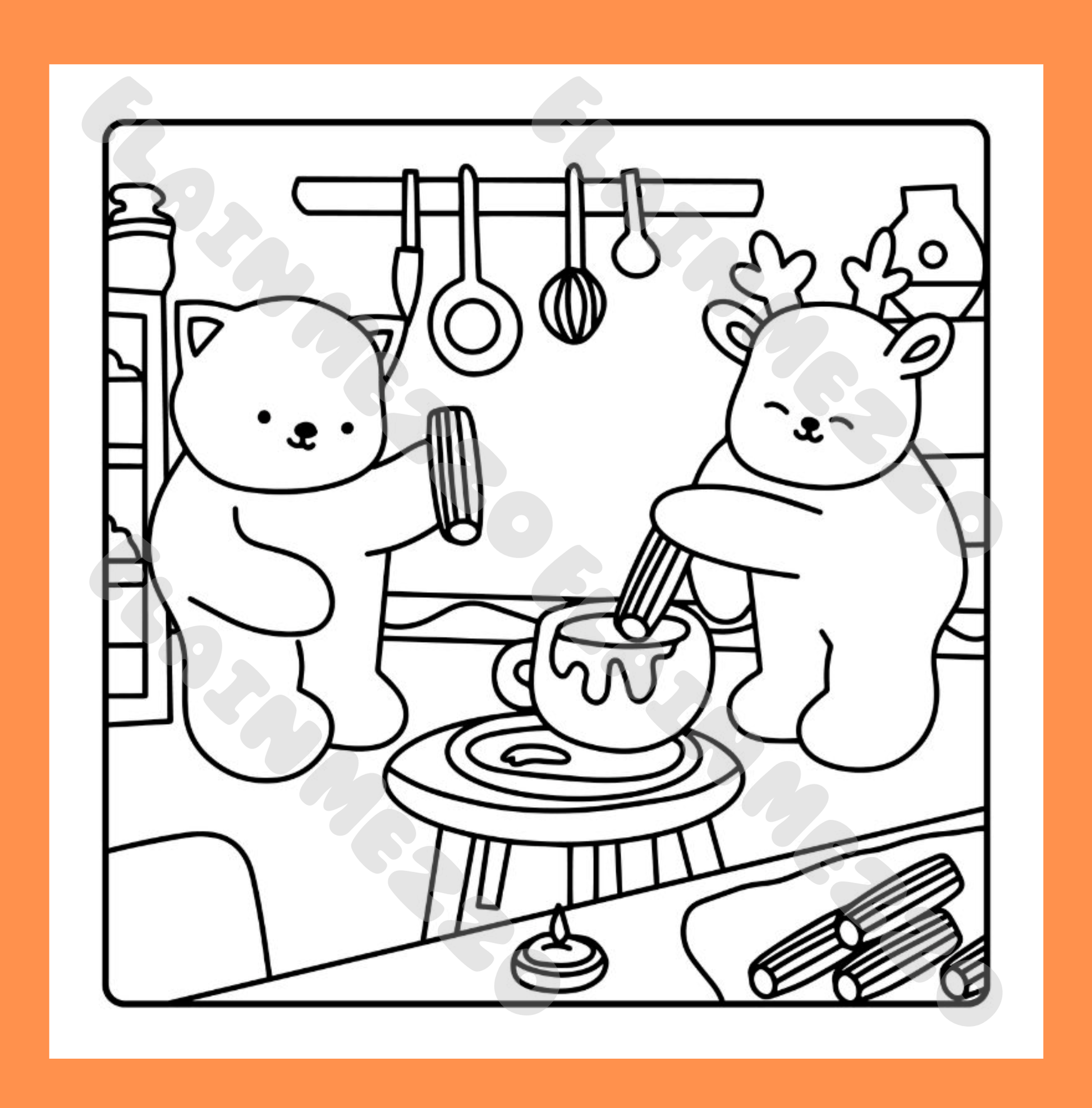 Coloring page of two bears making a hot chocolate in a kitchen.