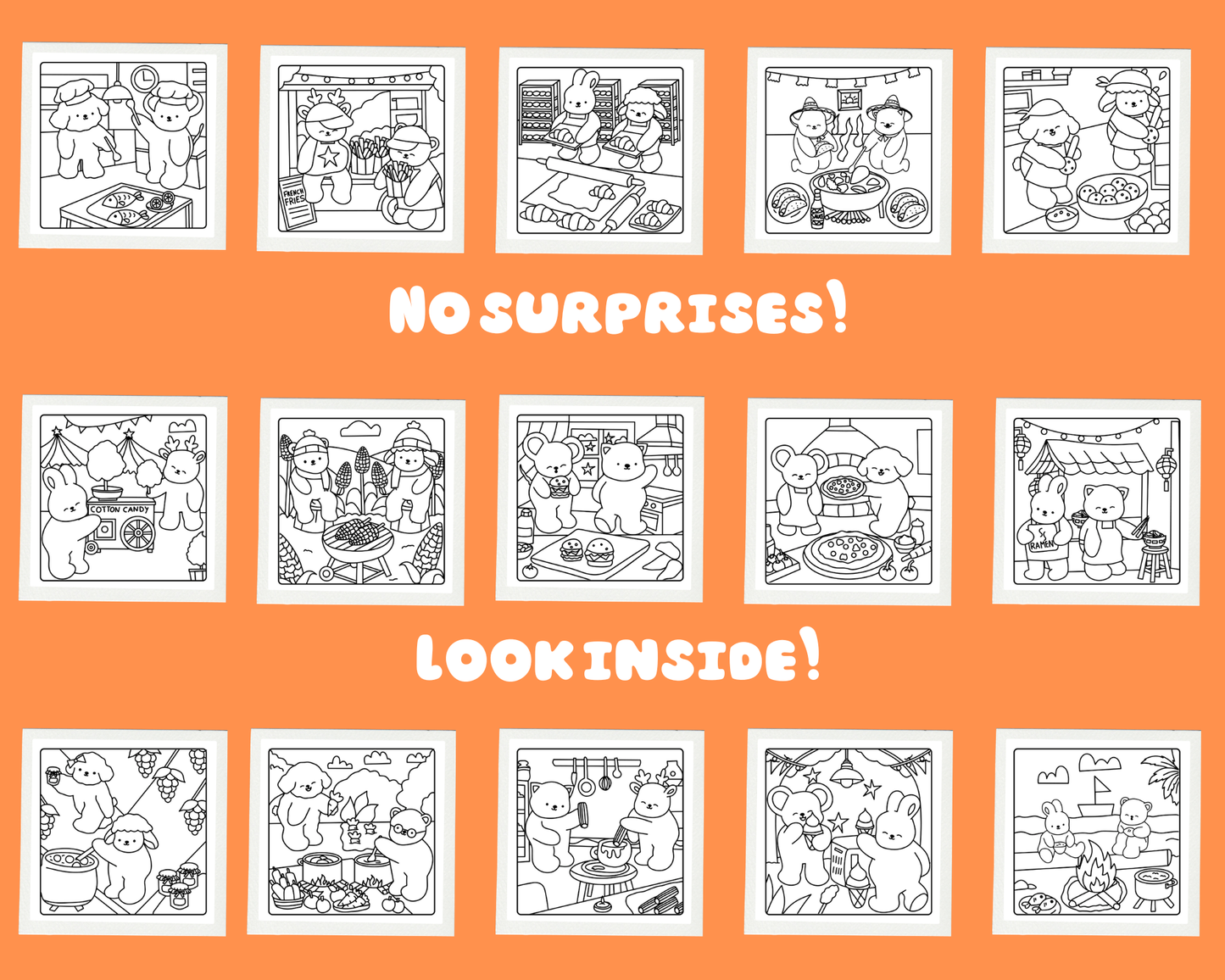 Coloring book pages with cartoon characters on an orange background