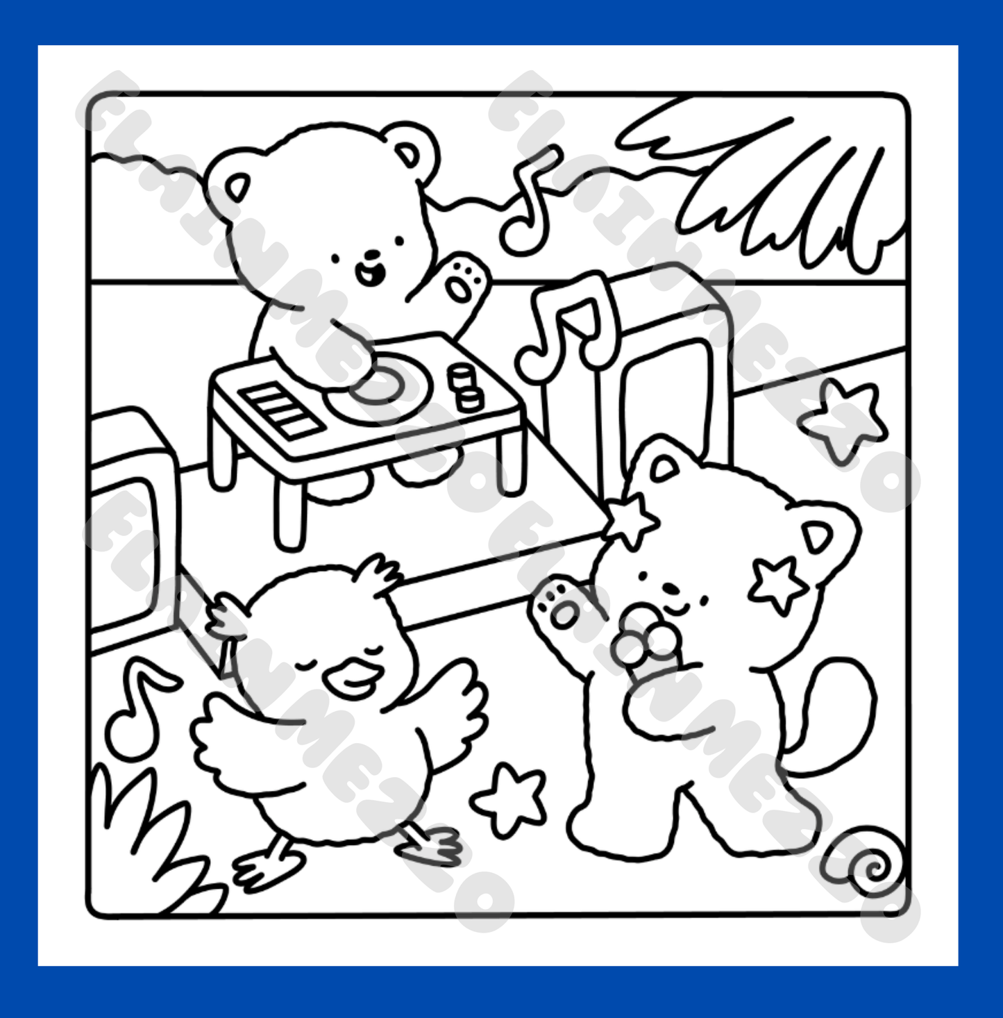 Black and white illustration of animals playing music with instruments on a blue border