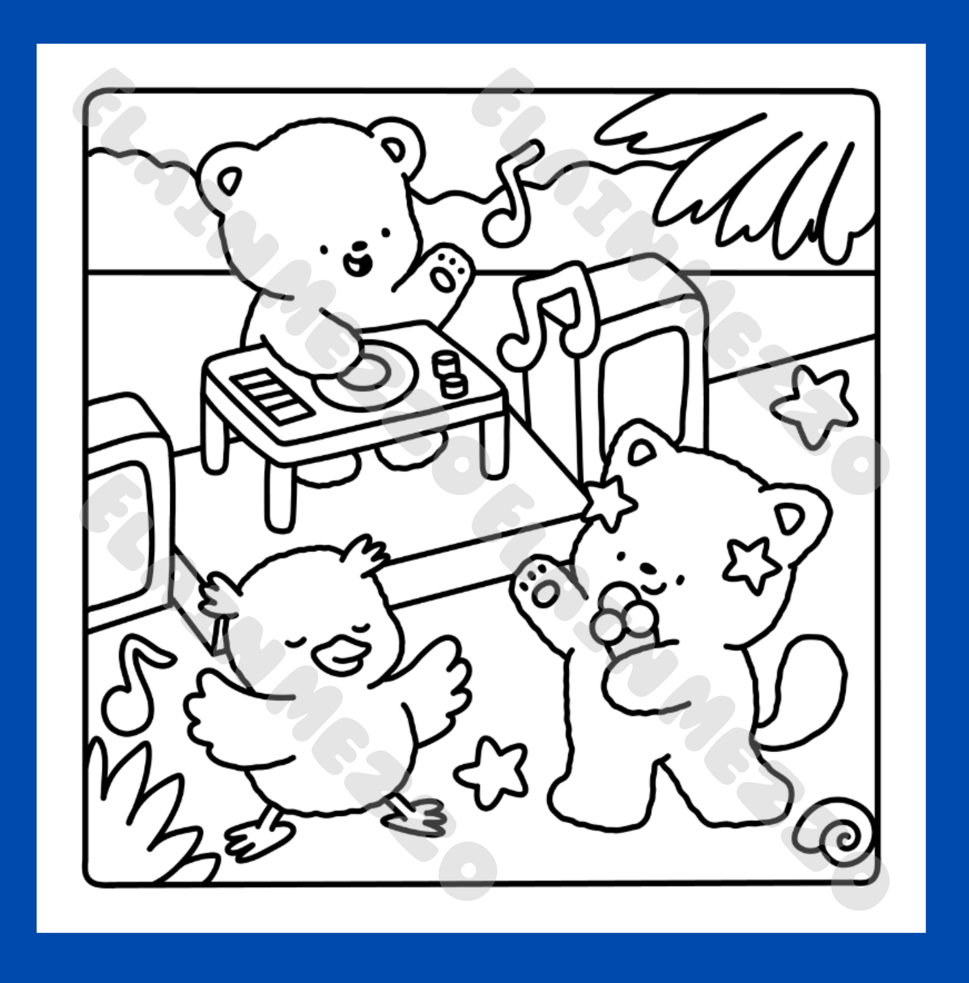 Black and white illustration of animals playing music with instruments on a blue border