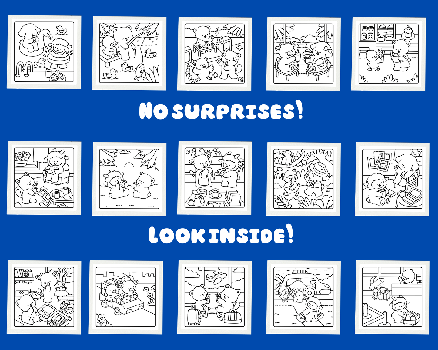 Coloring book pages with various scenes and text on a blue background