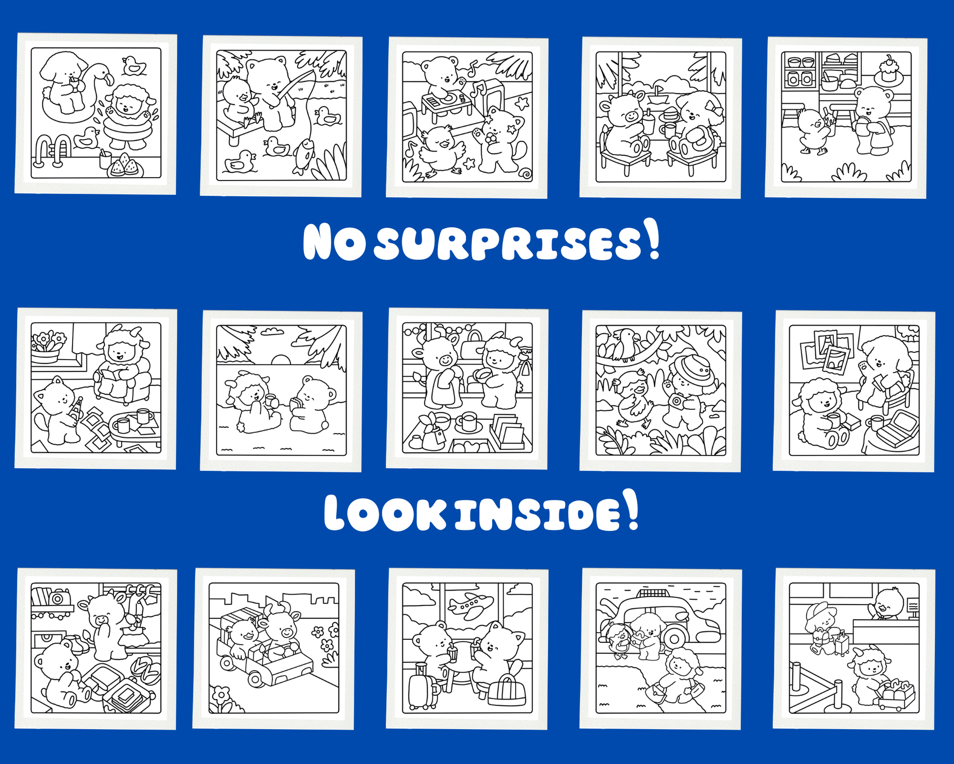 Coloring book pages with various scenes and text on a blue background