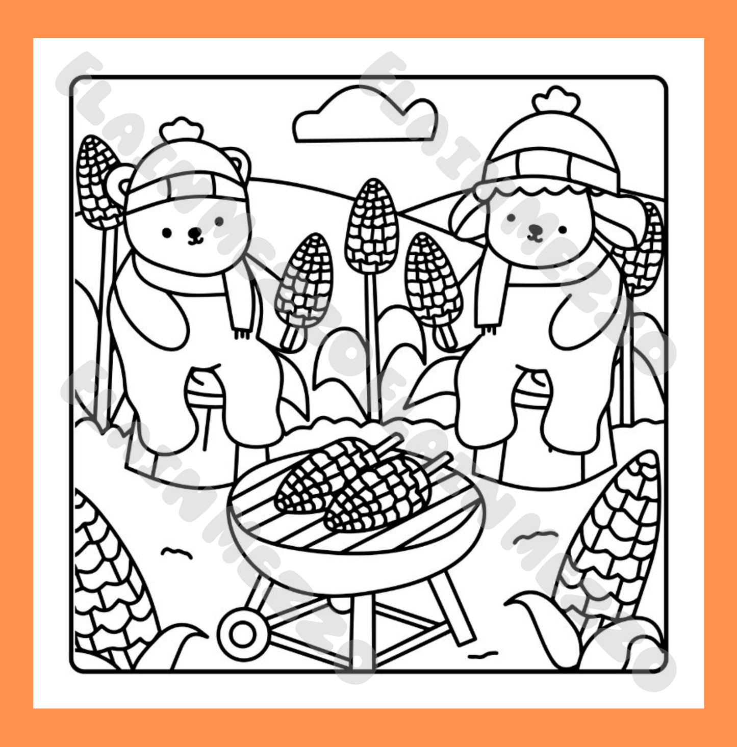 Black and white illustration of a bear and a dog grilling corn on a grill with an orange border.