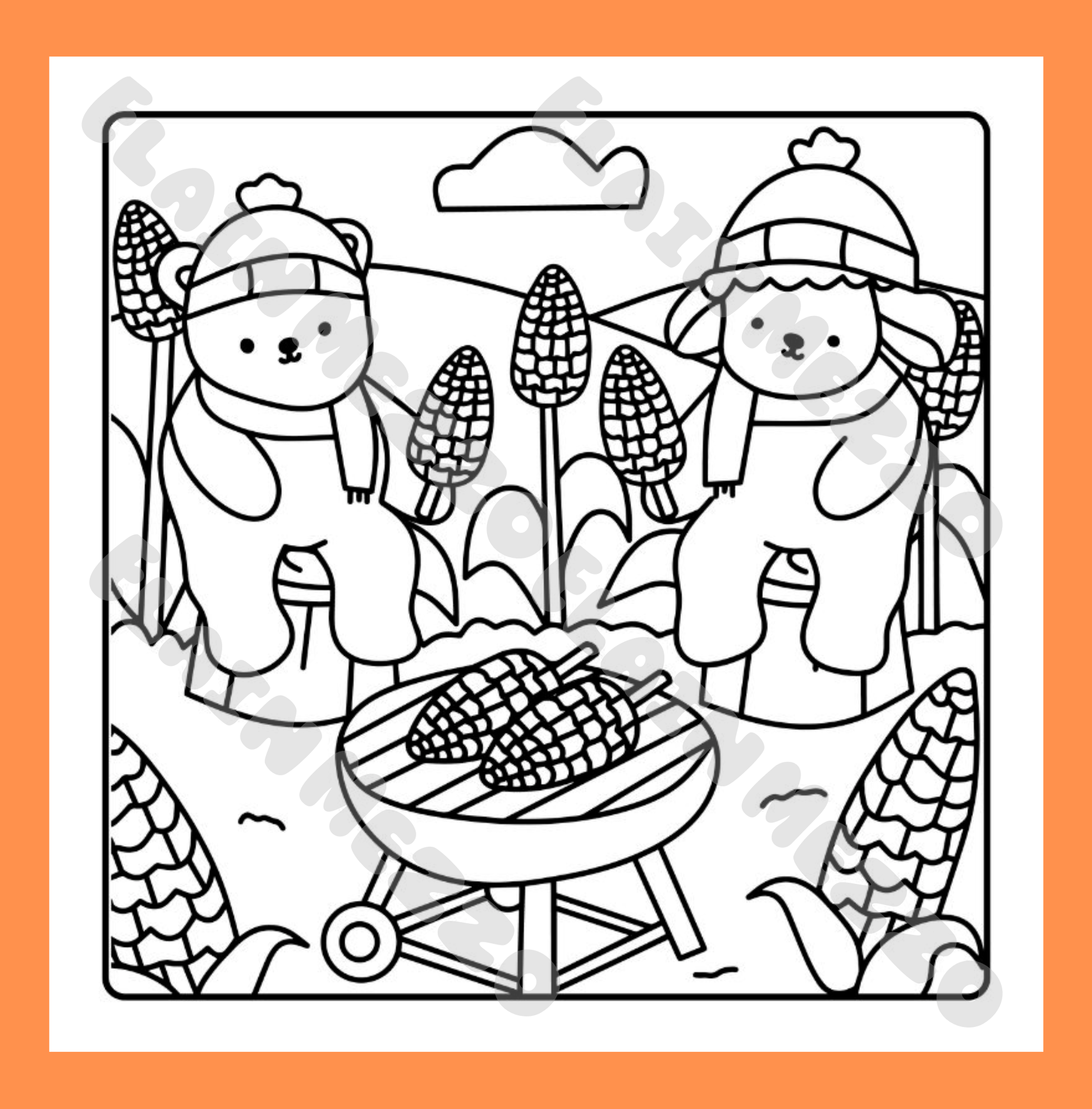 Black and white illustration of a bear and a dog grilling corn on a grill with an orange border.