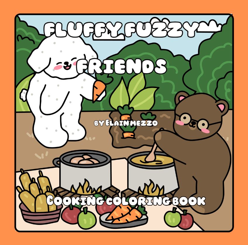 Cover of 'Fluffy Fuzzy Friends' cooking coloring book with cartoon characters and food items.