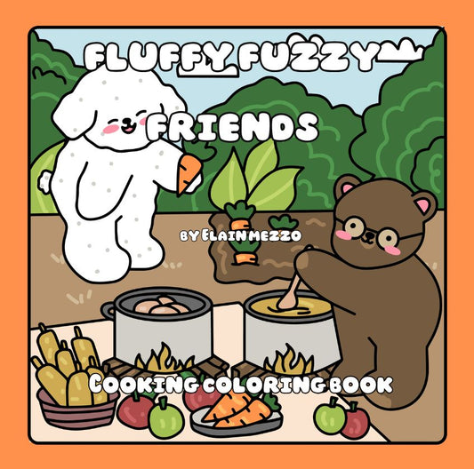 Cover of 'Fluffy Fuzzy Friends' cooking coloring book with cartoon characters and food items.