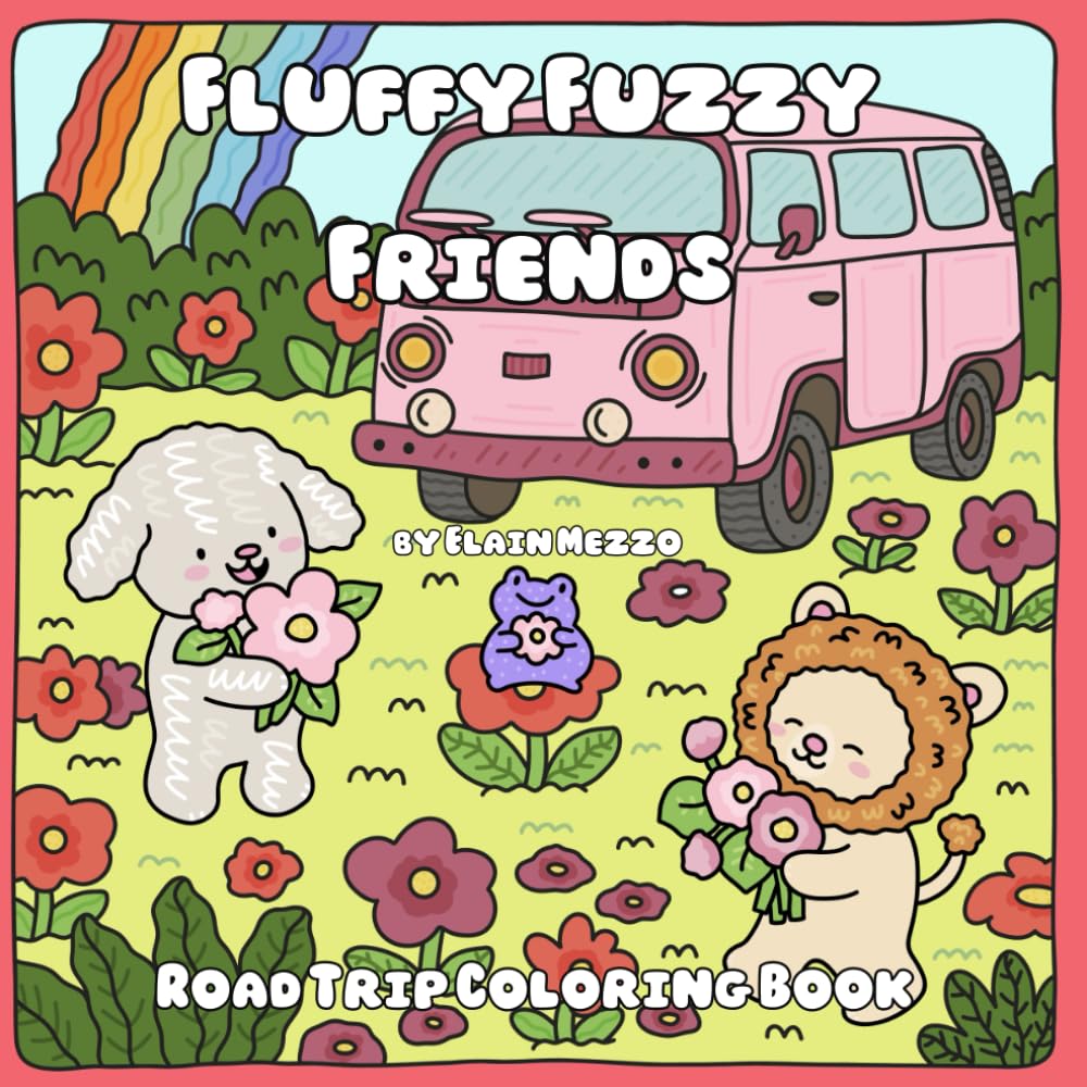 Fluffy Fuzzy Friends Road Trip Coloring Book | 31 Adventure Scenes | Square Digital Download for Adults & Kids