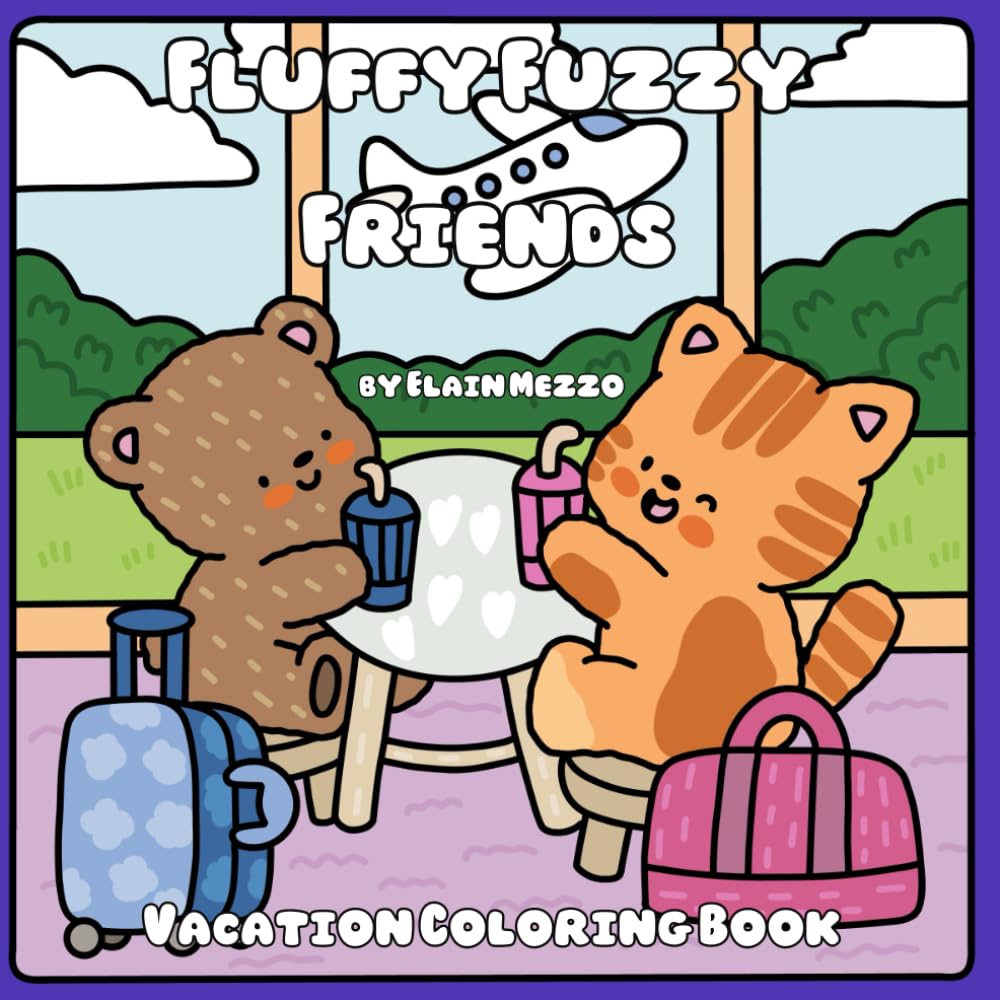 Fluffy Fuzzy Friends Vacation Coloring Book | 31 Travel & Adventure Scenes | Square Digital Download for Adults & Kids