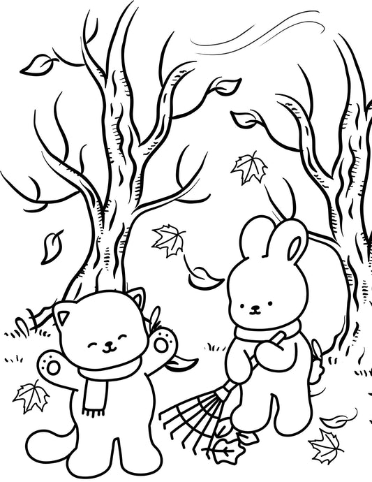 Fluffy Fuzzy Friends Autumn Leaves Coloring Page Free Digital Download