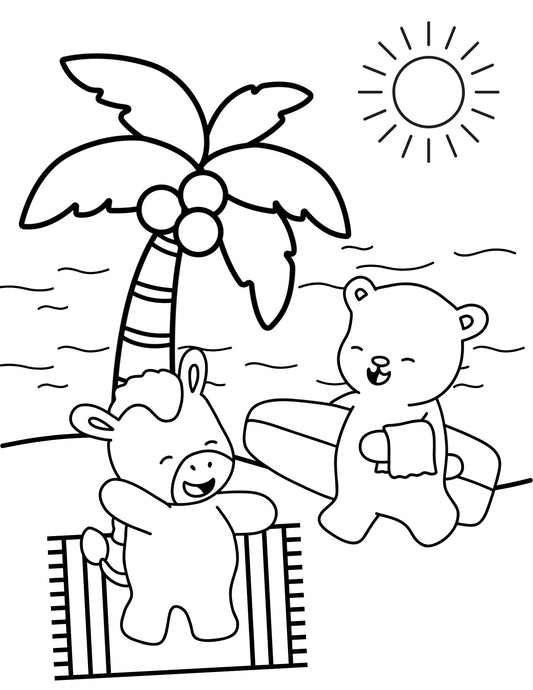 Fluffy Fuzzy Friends Summer at the Beach Coloring Page Free Digital Download