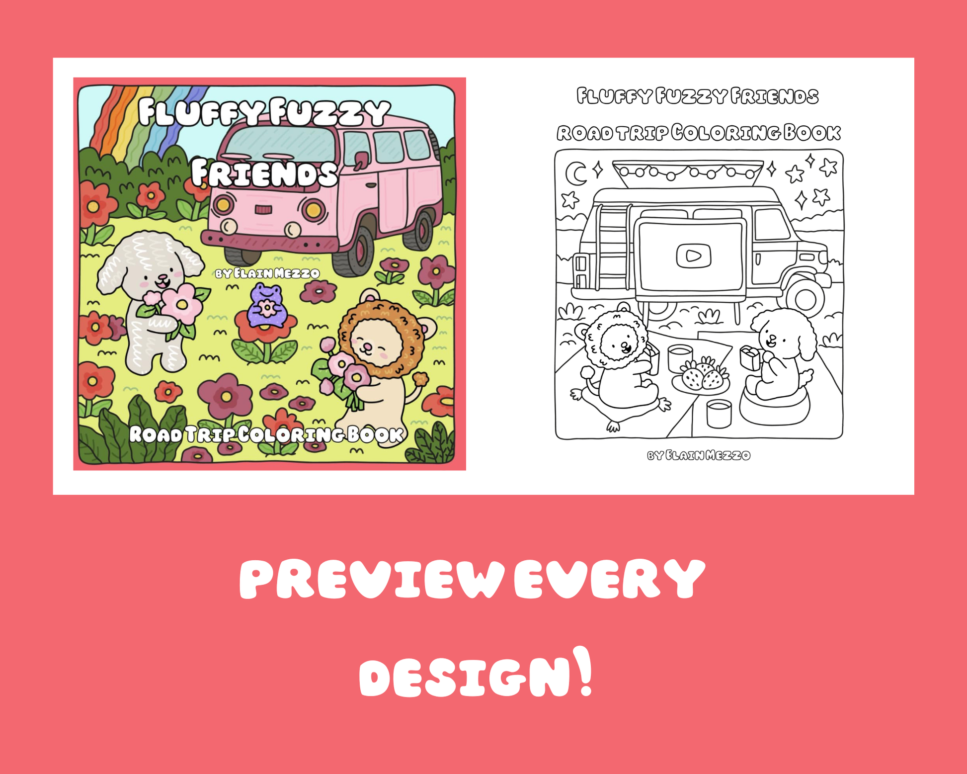 Fluffy Fuzzy Friends coloring book with a pink van and two cute characters on a red background.