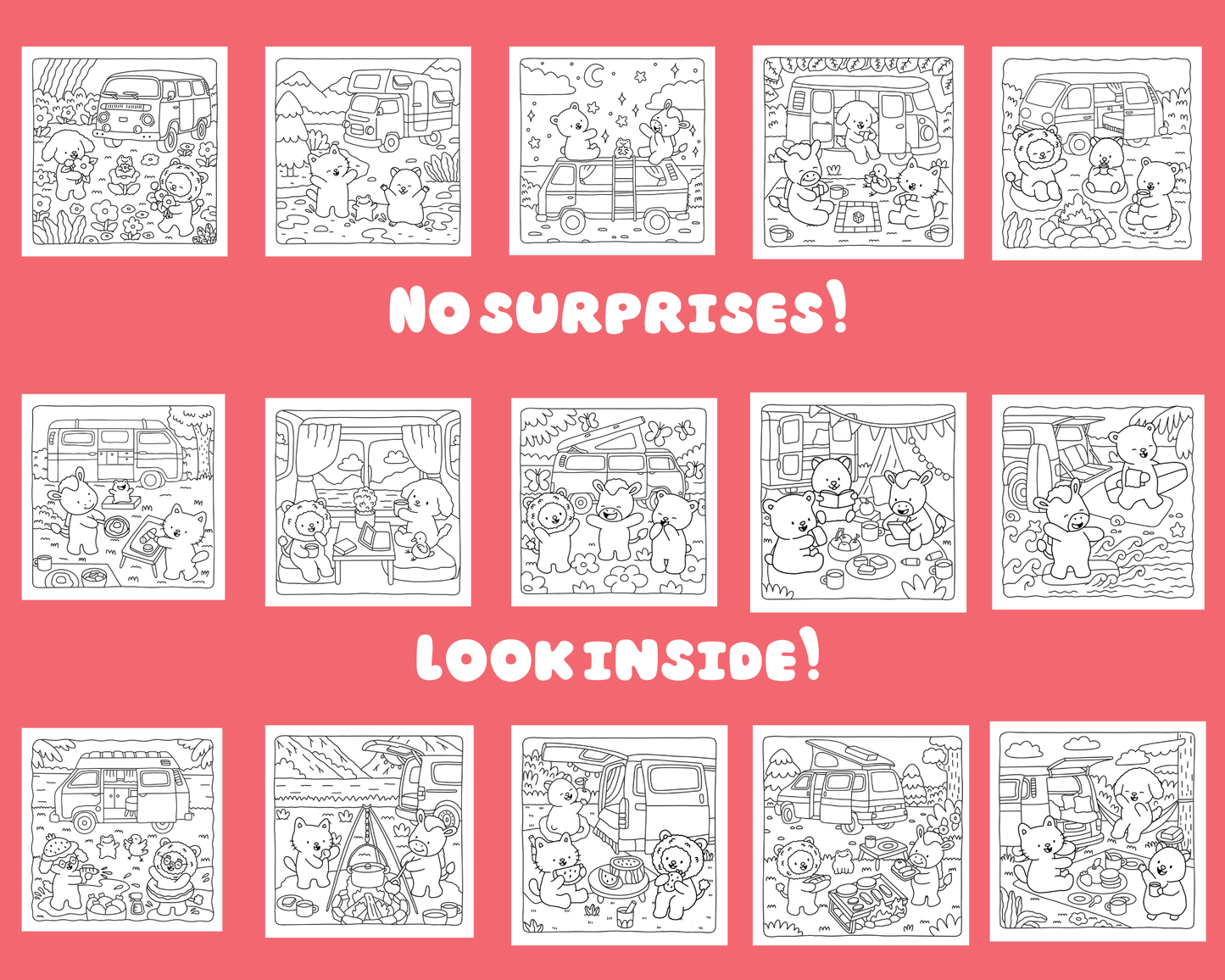 Coloring book pages with cartoon characters on a pink background