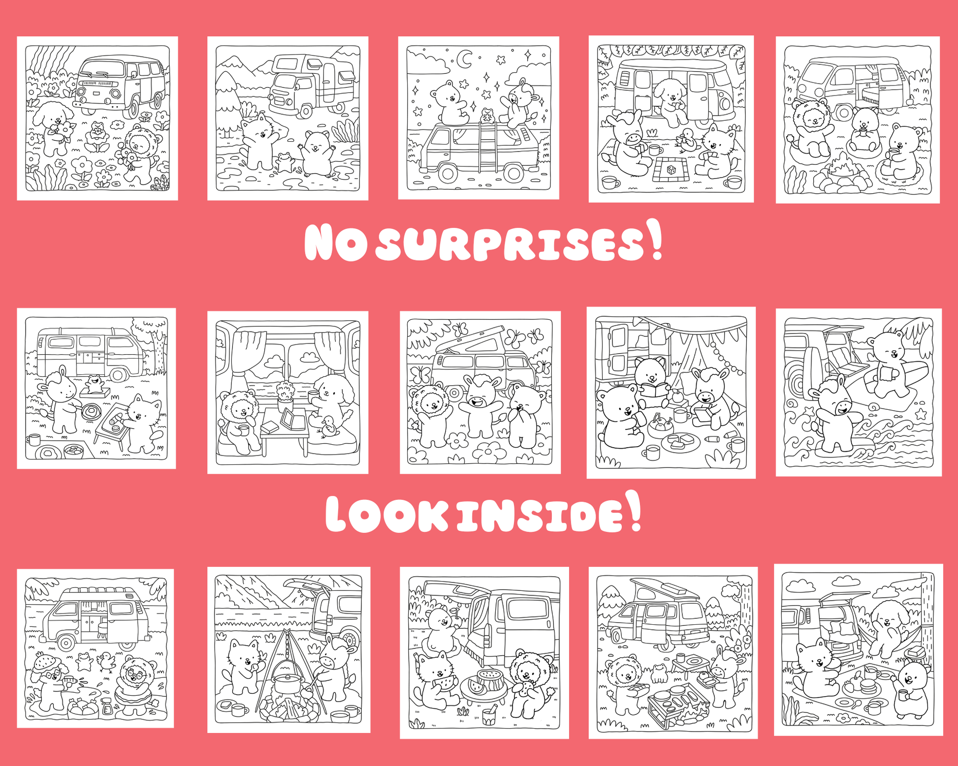 Coloring book pages with cartoon characters on a pink background