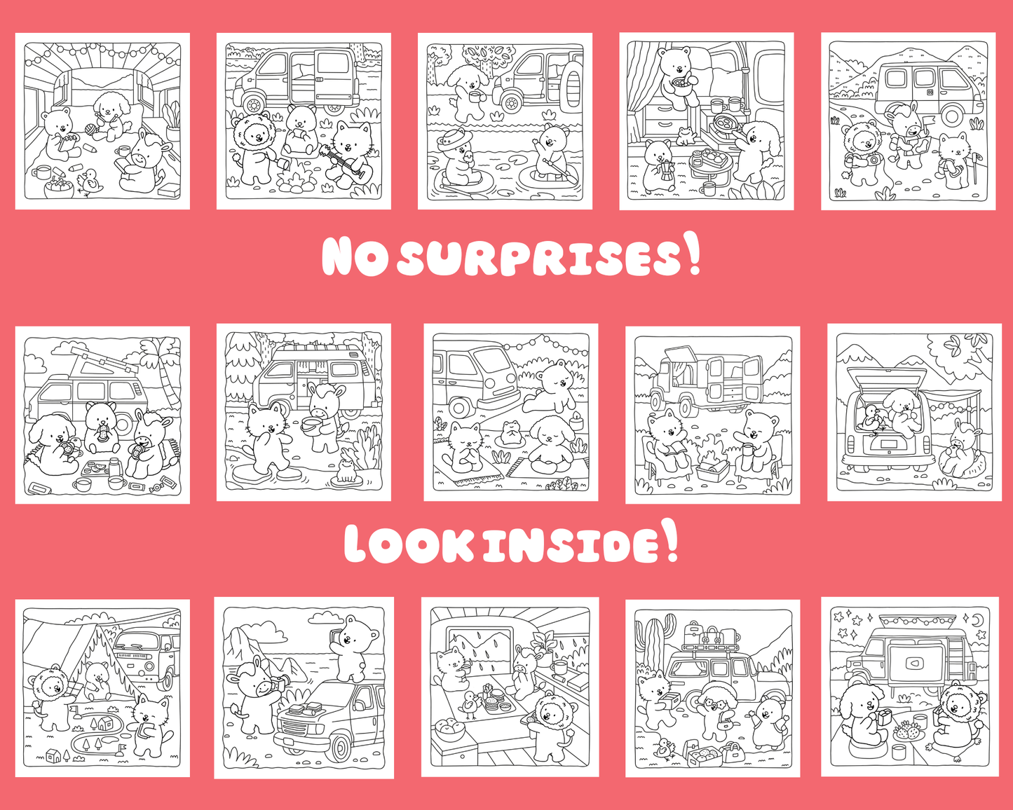 Coloring book pages with cartoon characters on a pink background