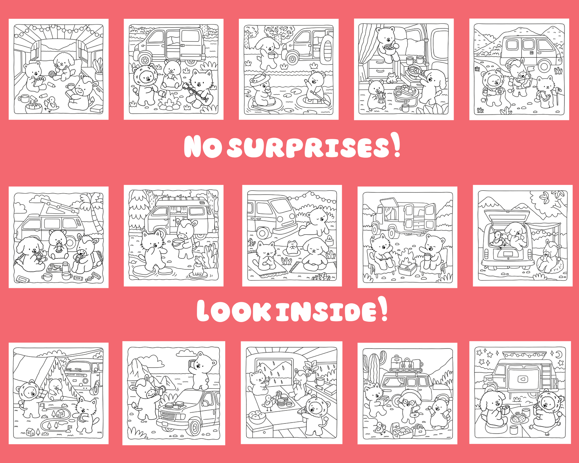 Coloring book pages with cartoon characters on a pink background