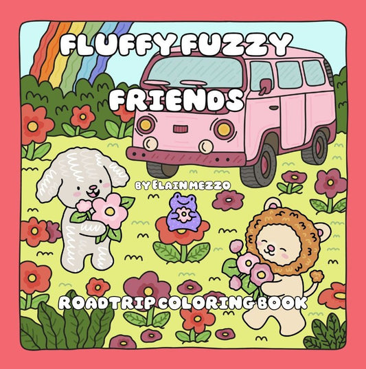 brightly colored dog lion and frog in a field of flowers with a travel camper and rainbow in the background