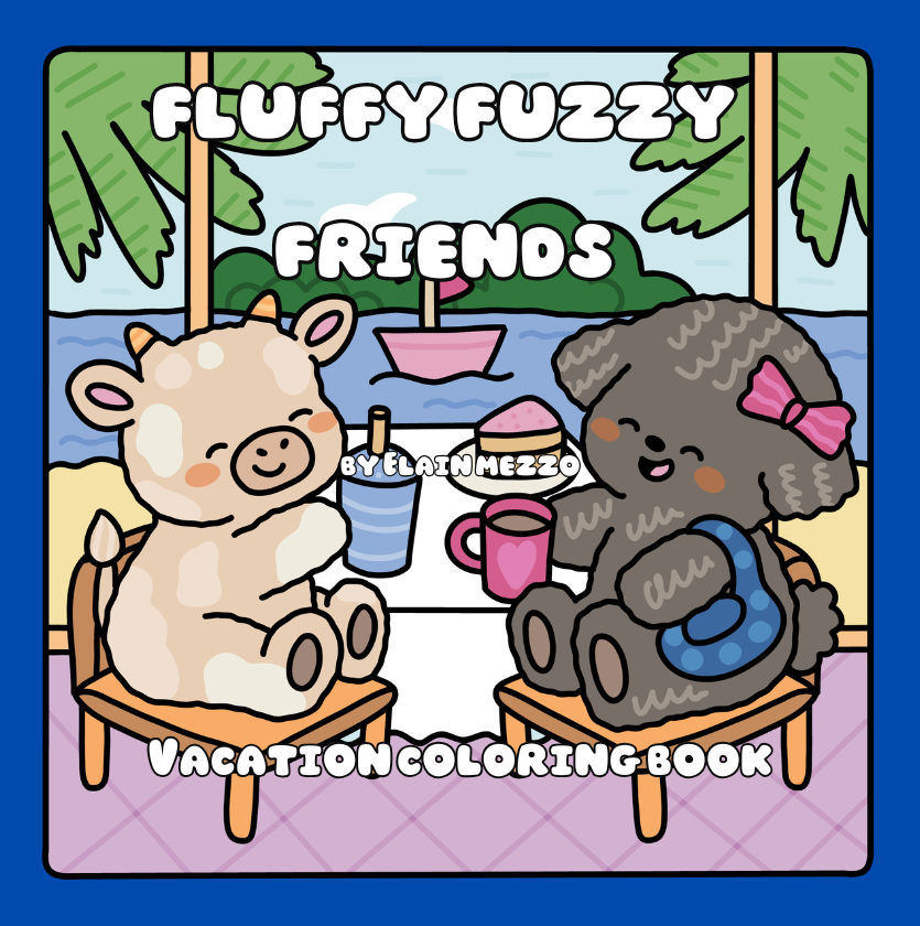 Cover of 'Fluffy Fuzzy Friends Vacation Coloring Book' with two cartoon characters sitting by a pool.