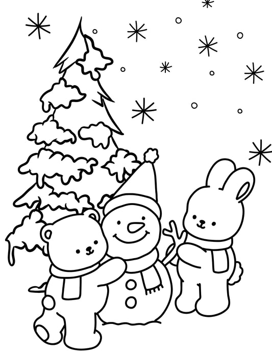 Fluffy Fuzzy Friends Winter Time with a Snowman Coloring Page Free Digital Download