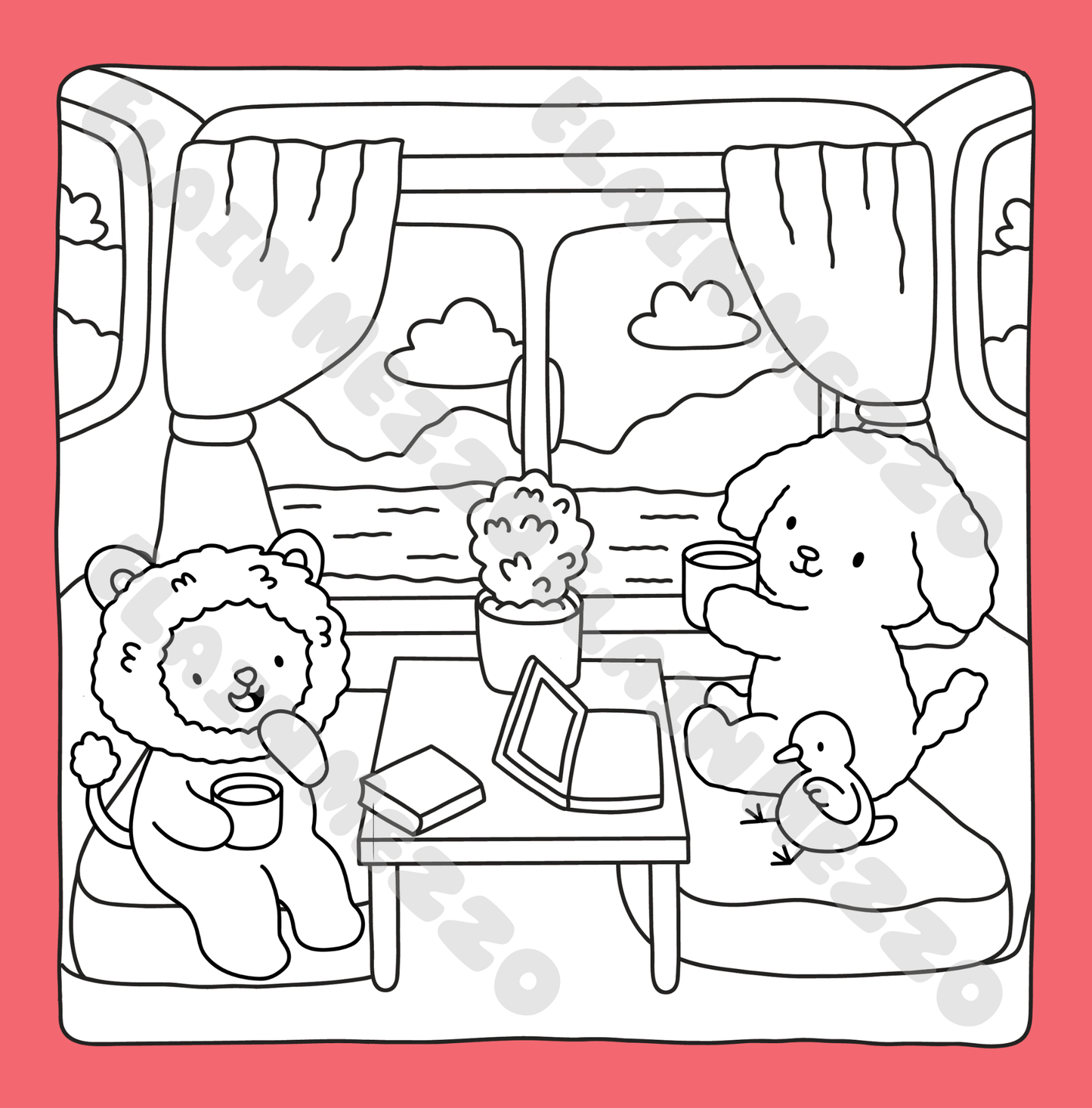 Cartoon animals on a train with a red border