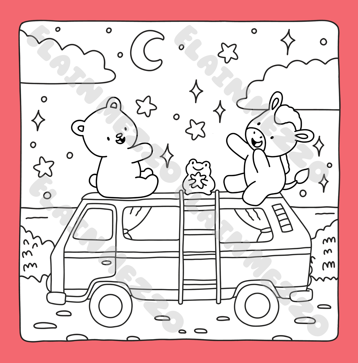 Cartoon illustration of a van  in a field at night with teddy bear, frog, and horse on a pink background