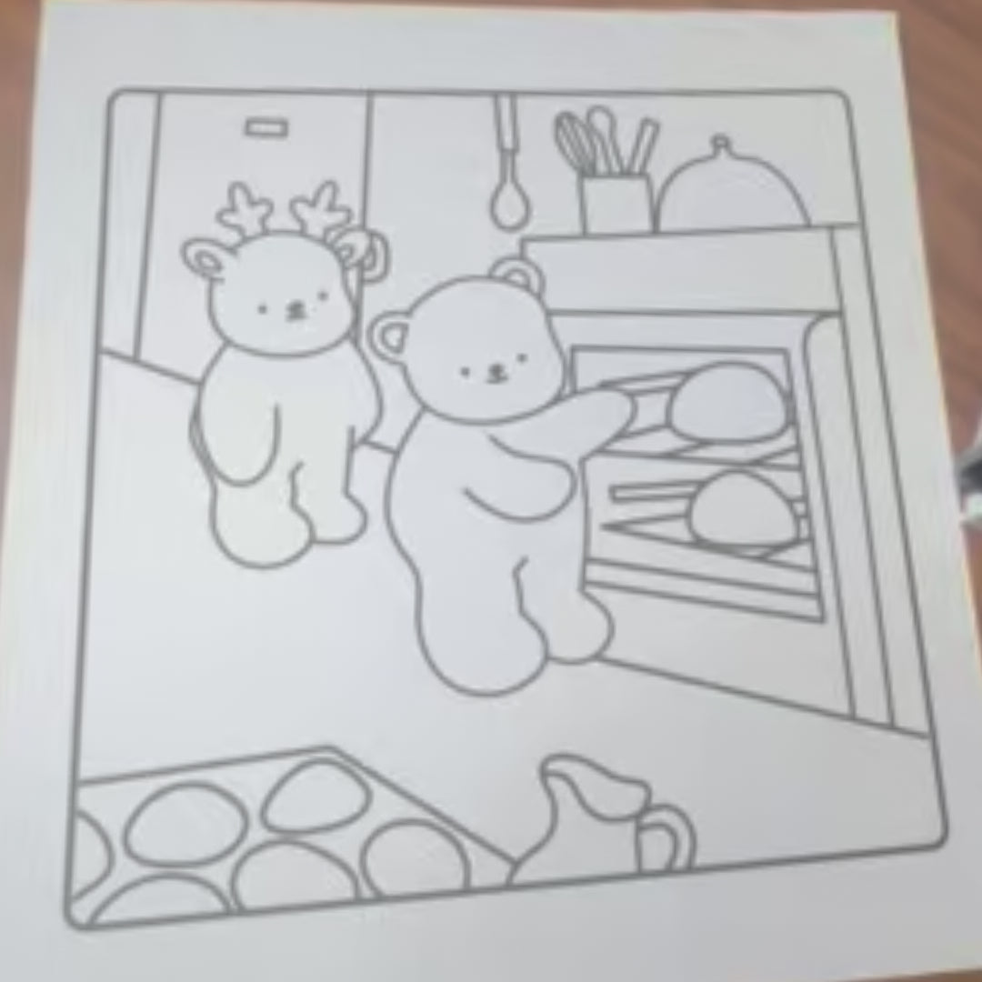 Sped up montage of coloring a black and white page featuring a reindeer and a bear indoors baking breads in an oven.
