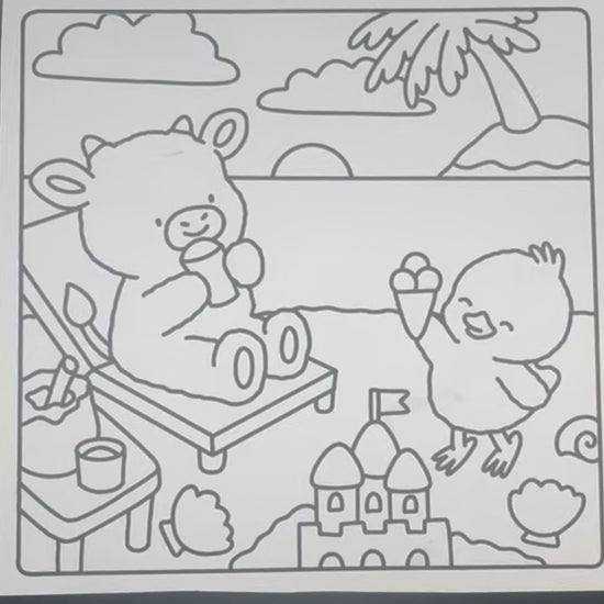 A sped up montage of coloring a page that features a cow and a bird on a beach eating ice creams.