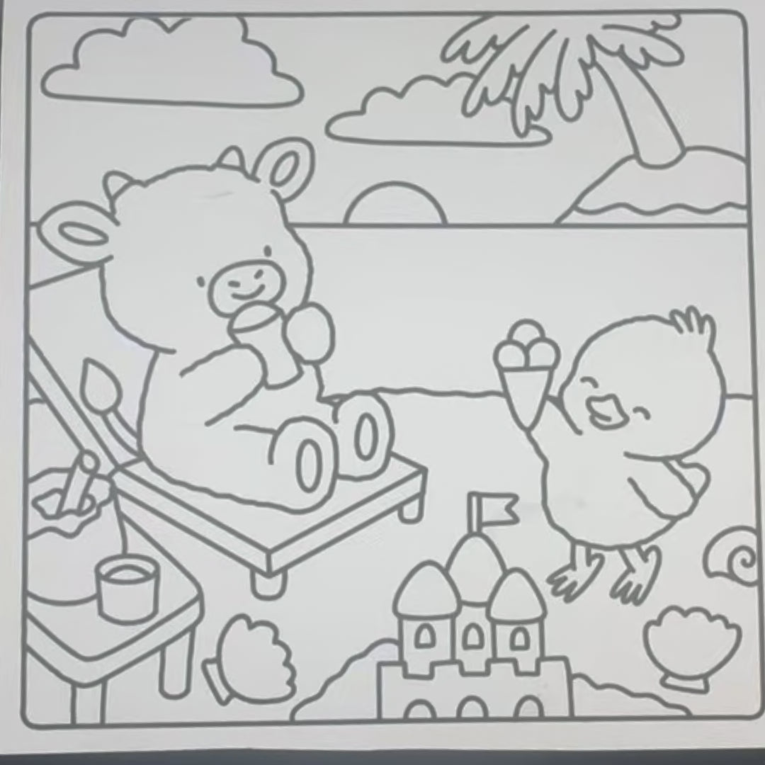 A sped up montage of coloring a page that features a cow and a bird on a beach eating ice creams.